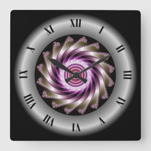 Purple Grey Fractal Spiral Design ~ Mandelbrot ~ Square Wall Clock