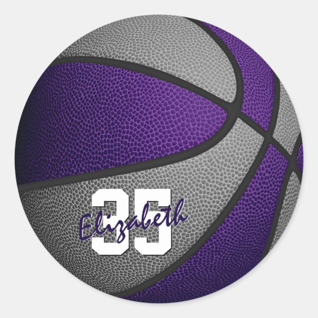 purple grey girls boys basketball team colours classic round sticker (Front)