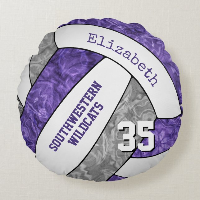 purple grey girls volleyball team colours gifts round cushion (Front)