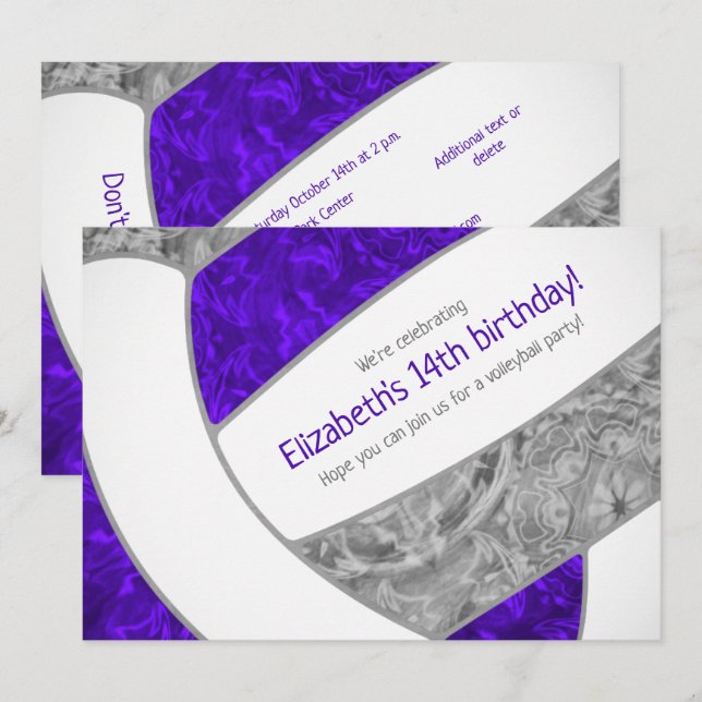 purple grey girly volleyball birthday party invitation (Front/Back)