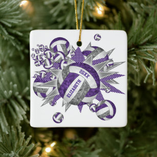 purple grey girly volleyball blowout sports ceramic ornament