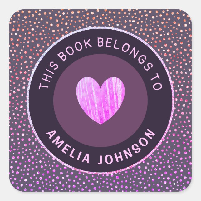 Purple Grey Glitter And Heart Back To School Chic Square Sticker (Front)