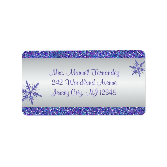 Purple Grey Glitter Snowflake Return Address Label (Front)