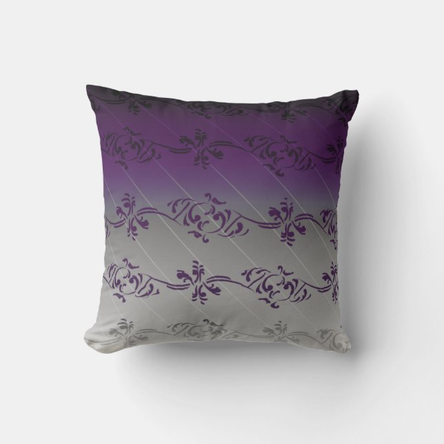 Purple Grey Gradient Striped Floral Leaf Pattern Cushion (Front)