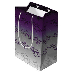 Purple Grey Gradient Striped Floral Leaf Pattern Medium Gift Bag