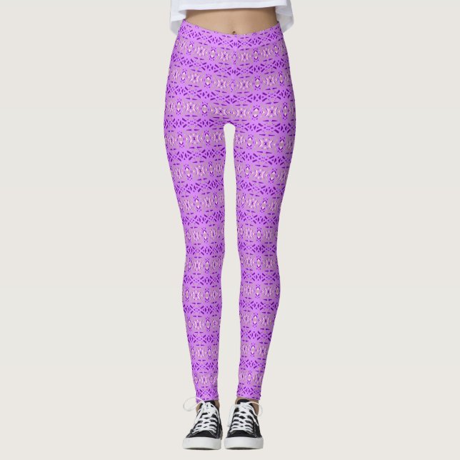 Purple Grey Gray Art Deco Lattice Pattern Gym Yoga Leggings (Front)