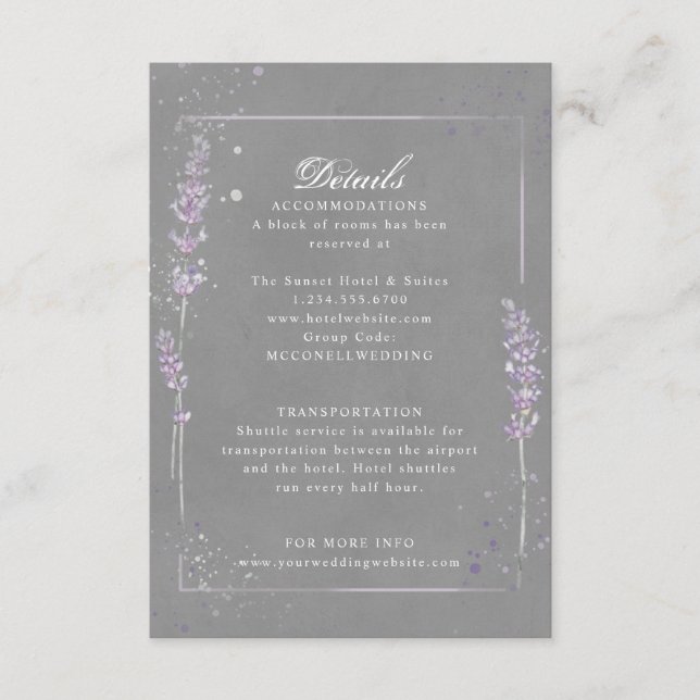 Purple grey lavender wedding reception details enclosure card (Front)