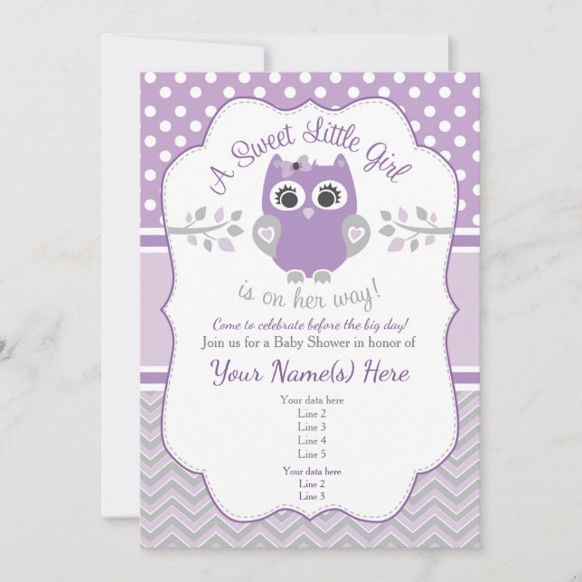 Purple Grey Little Owl Baby Shower Invitation (Front)