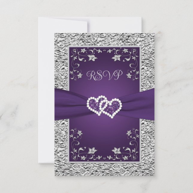 Purple, Grey Love Hearts (SMALL) Wedding RSVP Card (Front)