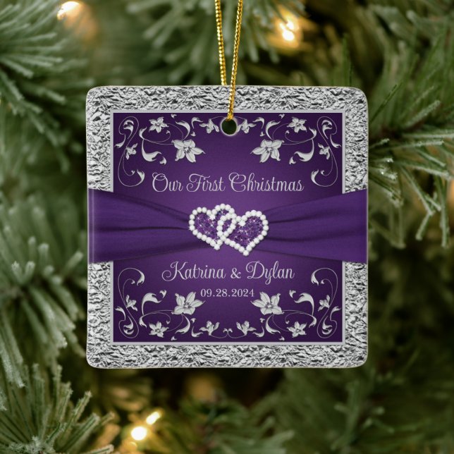 Purple, Grey Love Hearts Wedding 1st Christmas  Ceramic Ornament (Tree)