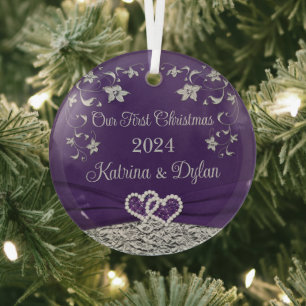 Purple, Grey Love Hearts Wedding 1st Christmas Glass Tree Decoration
