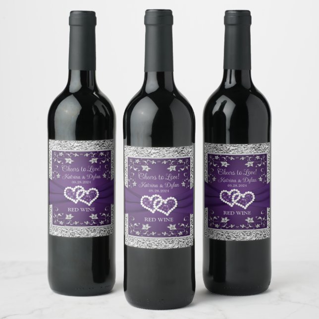 Purple, Grey Love Hearts Wedding Beverage Label (Bottles)
