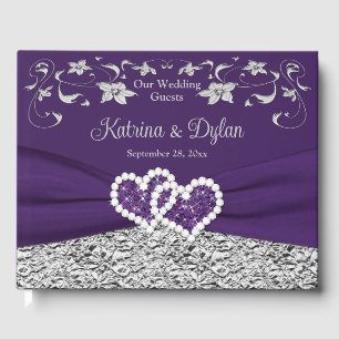 Purple, Grey Love Hearts Wedding Guest Book