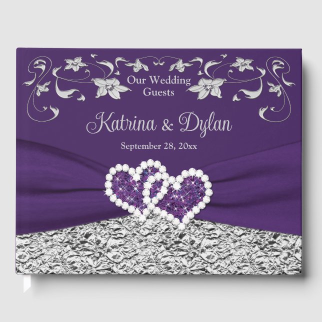 Purple, Grey Love Hearts Wedding Guest Book (Front)