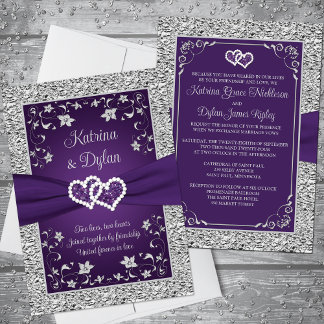 Purple, Grey Love Hearts Wedding Invitation