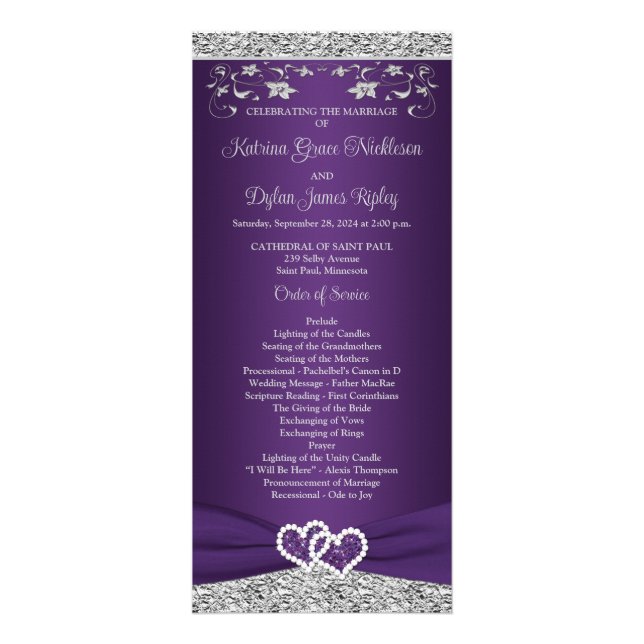 Purple, Grey Love Hearts Wedding Program Rack Card (Front)