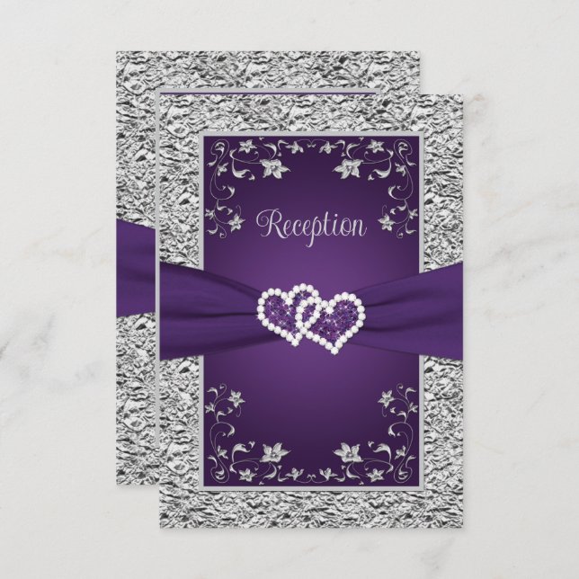 Purple, Grey Love Hearts Wedding Reception Card (Front/Back)