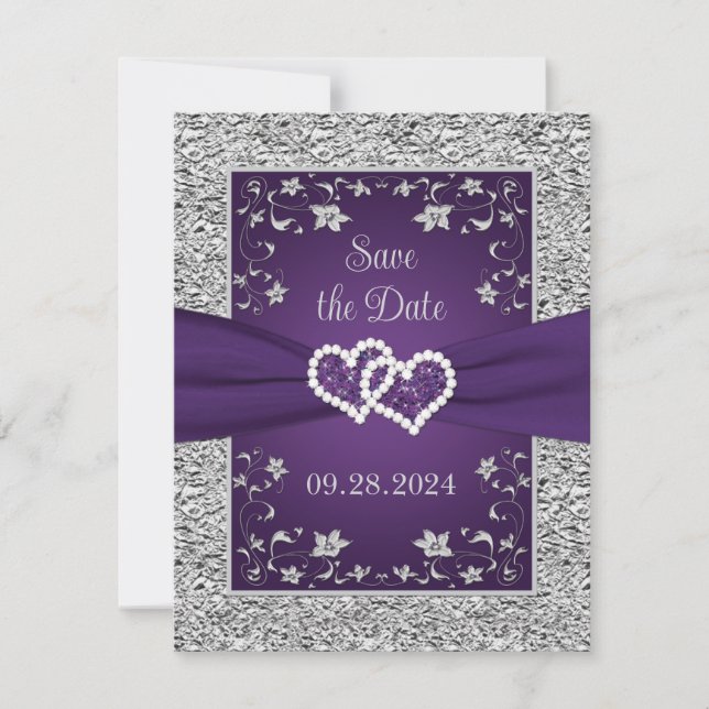 Purple, Grey Love Hearts Wedding Save the Date (Front)