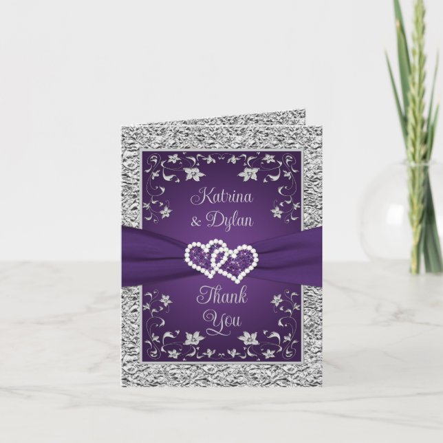 Purple, Grey Love Hearts Wedding Thank You Card (Front)