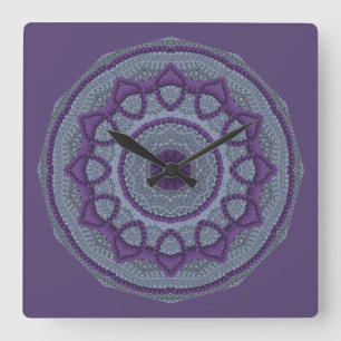 Purple Grey Mandala Square Wall Clock