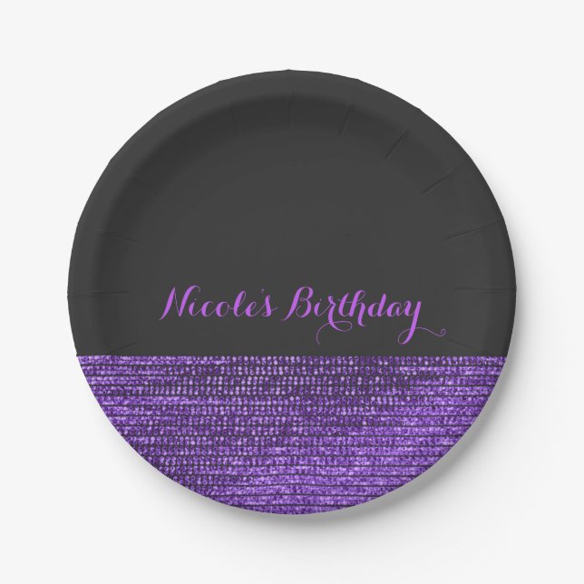 Purple & Grey Modern Glam Sequins Chic Party Paper Plate (Front)