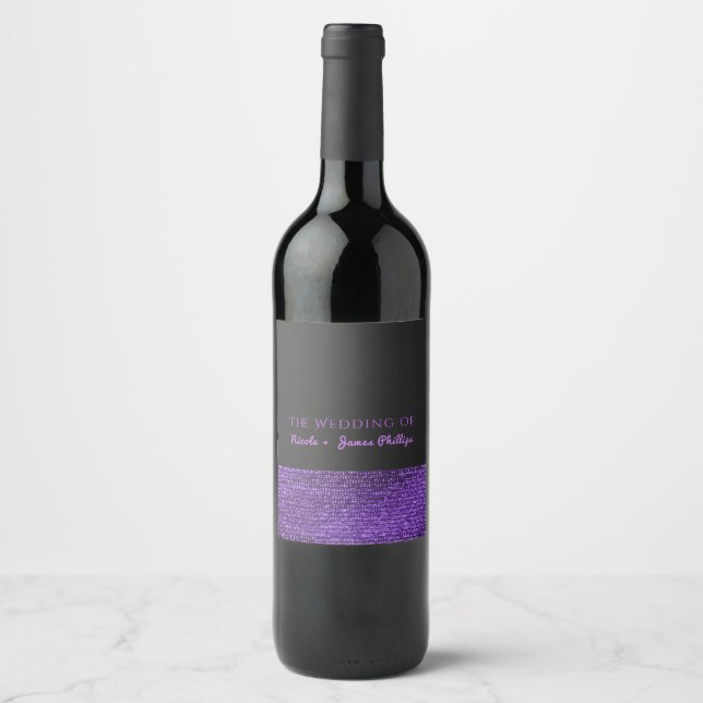 Purple Grey Modern Glam Sequins Elegant Wine Label (Front)