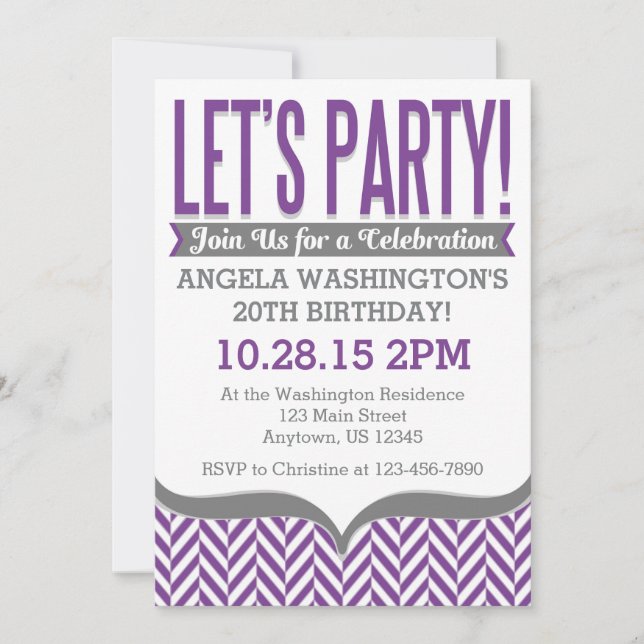Purple Grey Modern Herringbone Birthday Invitation (Front)