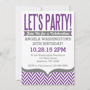 Purple Grey Modern Herringbone Birthday Invitation