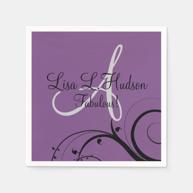 Purple Grey Monogram Black Swirls 50th Birthday Napkin (Front)