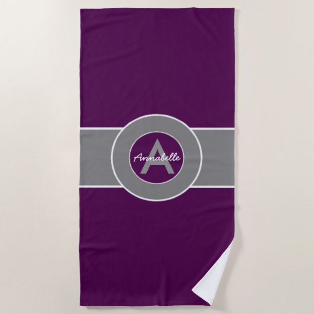 Purple Grey Monogram Personalised Beach Towel (Front)
