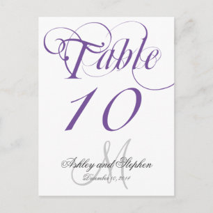 Purple Grey Monogram Wedding Table Number Card
