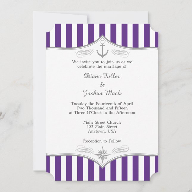 Purple Grey Nautical Wedding Invitation (Front)