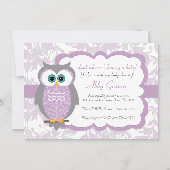 Purple, Grey, Owl Baby Shower Invitations - 730 (Front)