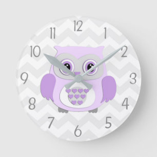 Purple Grey Owl Nursery Wall Clock