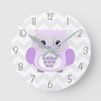Purple Grey Owl Nursery Wall Clock