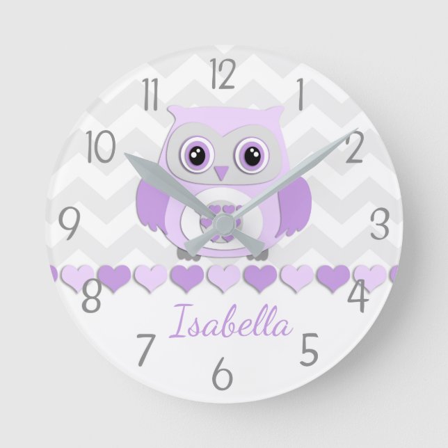 Purple Grey Owl Nursery Wall Clock (Front)