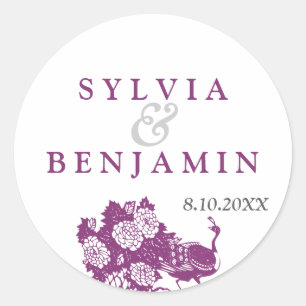 Purple grey peacock garden chic wedding favour sea classic round sticker