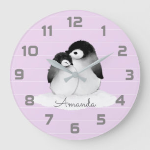Purple Grey Penguin Nursery Decor Wall Clock
