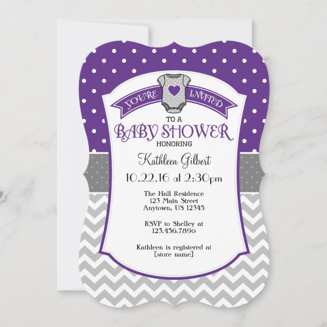 Purple Grey Polka Dot Chevron Baby Shower Invite (Front)