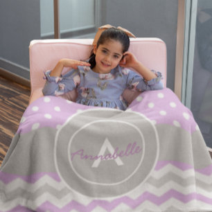 Purple Grey Polka Dot Chevron Fleece Blanket