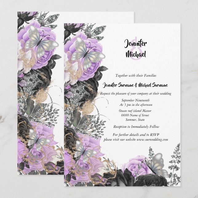 Purple grey rose butterfly chic elegant wedding invitation (Front/Back)