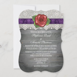Purple Grey Rustic Wood Rose Wedding Invite