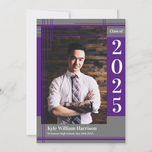 Purple Grey School Colour Graduation Photo Plaid Invitation (Front)