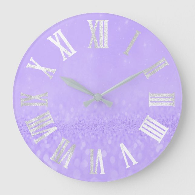 Purple Grey Silver Glitter Metal Roman Numers Large Clock (Front)