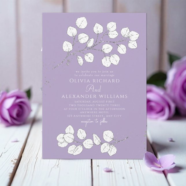 Purple Grey Silver greenery Eucalyptus Wedding Invitation (Creator Uploaded)