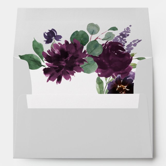 Purple Grey Silver Watercolor Peony Fall Wedding Envelope (Back (Bottom))