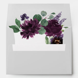 Purple Grey Silver Watercolor Peony Fall Wedding Envelope