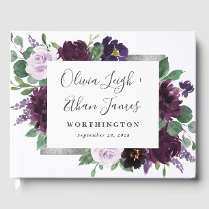 Purple Grey Silver Watercolor Peony Fall Wedding Guest Book