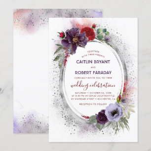 Purple Grey Silver Watercolor Peony Fall Wedding Invitation