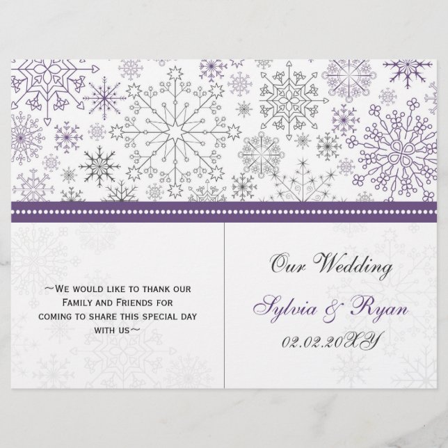purple grey snowflake bi fold Wedding program (Front)